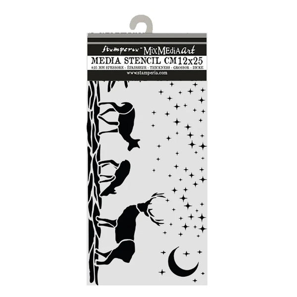 A hanging card package for a Stempers Mix Media Art Media Stencil, featuring black silhouettes of deer, a tree, stars, and a crescent moon on a white background.