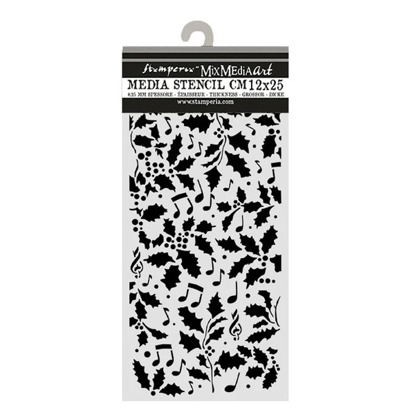 Stamperia Mix Media Art Media Stencil CM12x25 package, featuring a black stencil sheet with musical notes, berries, and holly leaves on a white background, complete with a plastic hanger hook at the top.