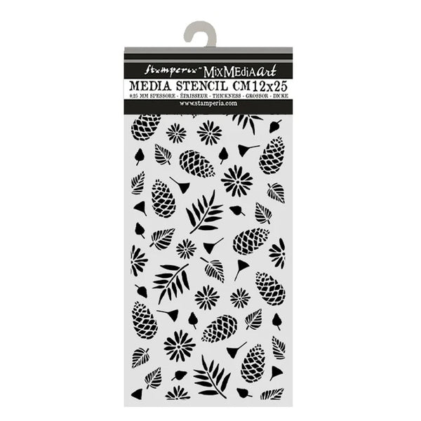 A packaged clear plastic media stencil sheet with black leaf, pinecone, and floral stencil shapes, hanging against a white background. The header card reads Stampery MixMedia Art Media Stencil CM12x25.