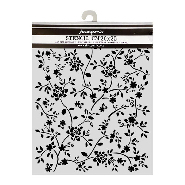 Floral stencil with black design on a white background, featuring Zamperia branding.