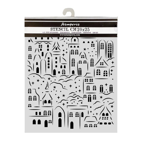 A packaged clear plastic craft stencil with black printed house and cloud outlines, hanging from a white hanger. The header reads Stamperia and STENCIL CM20x25.