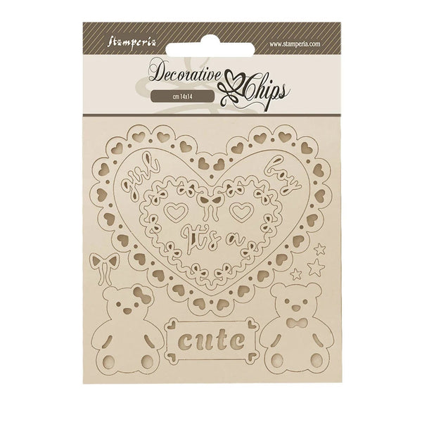 Decorative chips with heart, teddy bear, and text design on a beige background