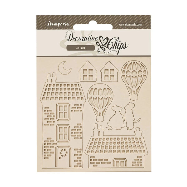 Decorative chip pack with house, dog, and hot air balloon designs on a beige background.