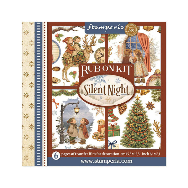 Stamperia 'Rub On Kit: Silent Night' holiday-themed transfer film packaging, featuring vintage Christmas illustrations of children, a decorated tree, and festive scenes on a cream and blue patterned cover.