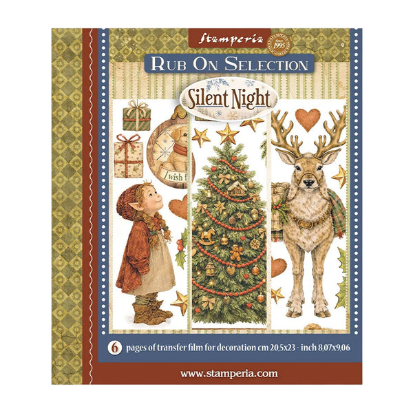 Stamperia 'Rub On Selection' 'Silent Night' Christmas-themed transfer paper craft kit packaging, featuring illustrations of a child, a decorated Christmas tree, and a reindeer.