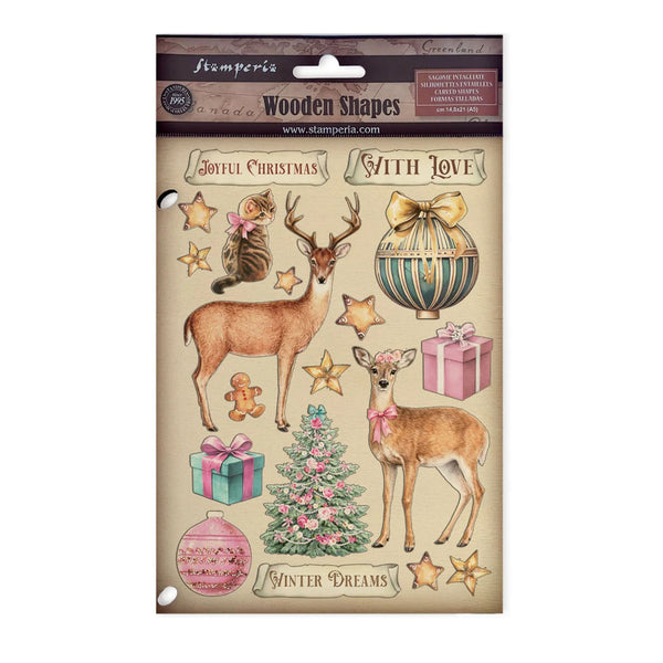 Stamperia 'Winter Dreams' wooden shapes stamping card featuring Christmas-themed illustrations including deer, a cat, ornaments, gifts, stars, and a small Christmas tree on a beige background.