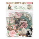 Packaging of Stamperia die cuts with vintage-themed design featuring a clock, flowers, and a cat.
