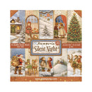 A square product box for Stamperia 'Silent Night' craft double-faced sheets, showing a collage of vintage Christmas illustrations including snowy houses, children, a decorated tree, Santa, and a reindeer. The box includes size and website text.
