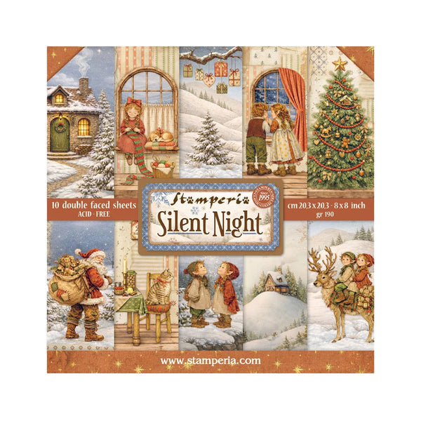 A square product card for Stamperia's 'Silent Night' double-faced craft paper sheet set. The packaging features a collage of eight festive Christmas scenes, including snow-covered cottages, children, a decorated Christmas tree, and Santa Claus, with text indicating it contains 10 double-faced sheets, acid-free, and is 20.
