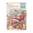 A packaged adhesive ephemera sheet from Stamperia, featuring a vintage Christmas illustration with Santa Claus in a rocking chair, a dog, a deer, rabbits, flowers, and a wrapped gift. The header card reads 'ADHESIVE EPHEMERA' and shows the Stamperia brand.