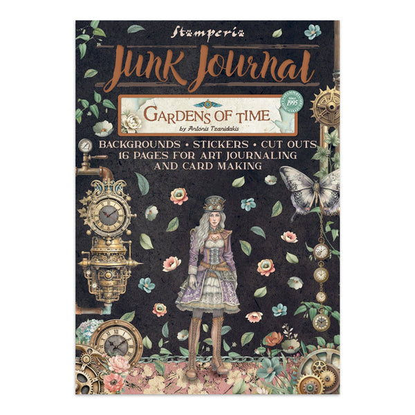 Junk journal book titled 'Gardens of Time' by Stamperia with decorative elements on a white background.