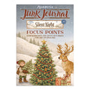 Front cover of a craft journal titled 'Junk Journal Silent Night Focus Points' featuring a winter Christmas scene with a decorated tree, a deer, a child, and wrapped gifts on a snowy hillside.