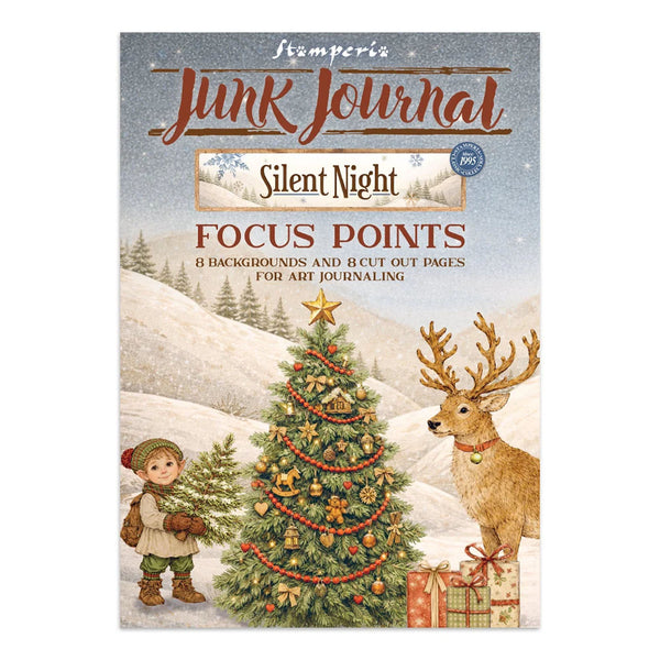 Front cover of a craft journal titled 'Junk Journal Silent Night Focus Points' featuring a winter Christmas scene with a decorated tree, a deer, a child, and wrapped gifts on a snowy hillside.