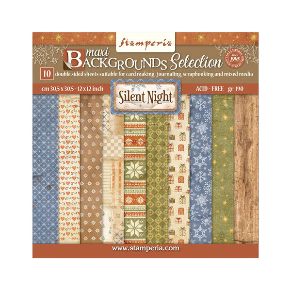 Stamperia maxi backgrounds selection 'Silent Night' scrapbook paper pack, featuring 10 double-sided patterned sheets in autumn and winter themes, shown in its retail packaging.