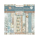 Stamperia maxi backgrounds selection 'White Christmas in a Gathering Place' double-sided paper pack, featuring 10 different patterned sheets with winter-themed designs like snowy trees, plaid, floral prints, and rustic textures.