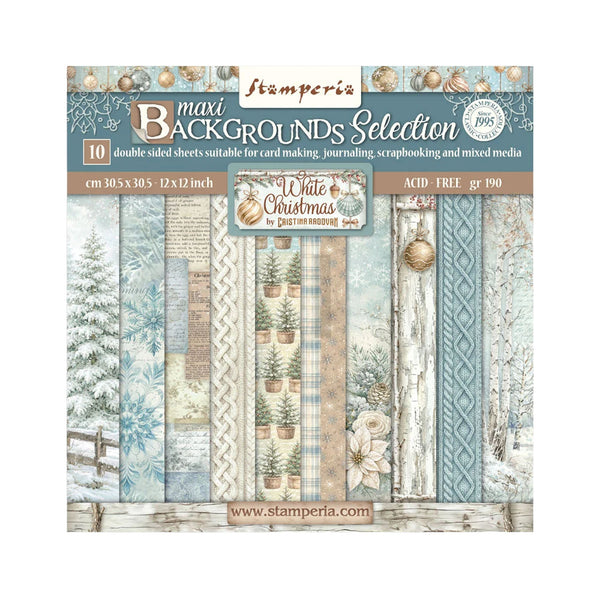 Stamperia maxi backgrounds selection 'White Christmas in a Gathering Place' double-sided paper pack, featuring 10 different patterned sheets with winter-themed designs like snowy trees, plaid, floral prints, and rustic textures.