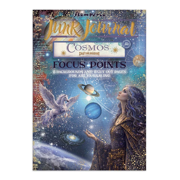 Junk Journal Cosmos Creative Writing Focus Points book cover, featuring a cosmic illustration with a woman looking up at Saturn and a winged creature against a starry space background.