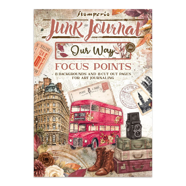 Junk Journal 'Our Way' Focus Points art journaling template cover, featuring a vintage red double-decker bus, stacked suitcases, boots, ticket stubs, and postcards on a distressed cream background.
