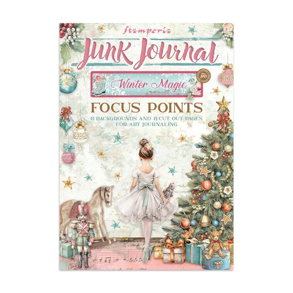 Stomper's Junk Journal 'Winter Magic' Focus Points art journal cover, featuring a whimsical winter illustration with a ballerina, nutcracker, horse, and decorated Christmas tree.