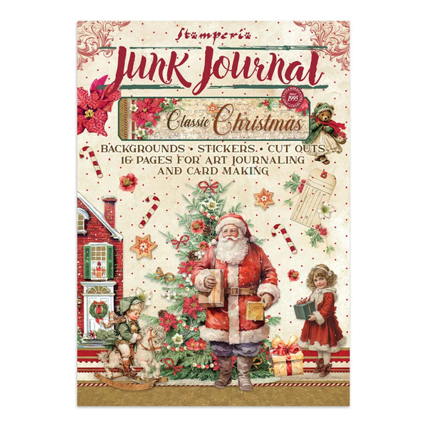 Stamperia Junk Journal Classic Christmas with Santa Claus and children around a Christmas tree.