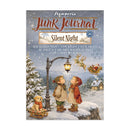 Junk Journal 'Silent Night' art journal cover by Smymperia, featuring a winter village scene with children, a streetlamp, reindeer, Santa in a sleigh, and a small dog on a sled.