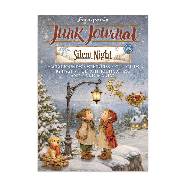 Junk Journal 'Silent Night' art journal cover by Smymperia, featuring a winter village scene with children, a streetlamp, reindeer, Santa in a sleigh, and a small dog on a sled.