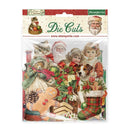 Stamperia Christmas-themed die-cut sticker sheet in clear plastic packaging, featuring vintage illustrations of Santa Claus, children, a cat, a dog, a gingerbread man, a Christmas tree, and holiday decorations.