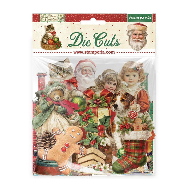 Stamperia Christmas-themed die-cut sticker sheet in clear plastic packaging, featuring vintage illustrations of Santa Claus, children, a cat, a dog, a gingerbread man, a Christmas tree, and holiday decorations.