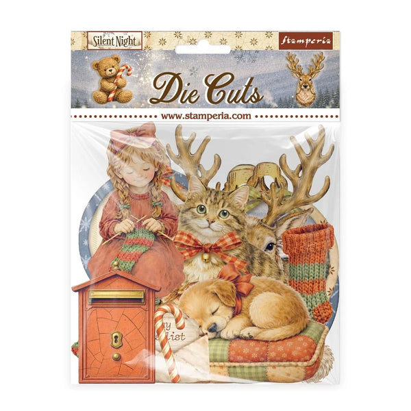 Stamperia Silent Night die-cut sticker sheet in its original plastic packaging, featuring a cozy Christmas scene with a girl, a cat, a puppy, reindeer antlers, a mailbox, and a stocking.
