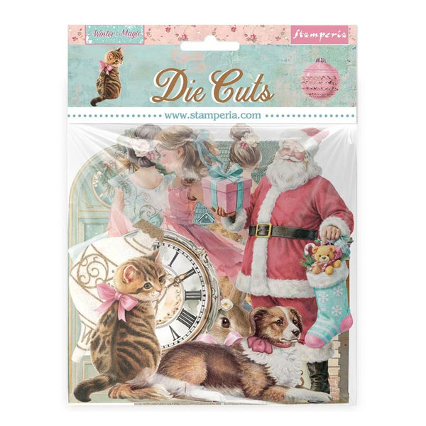 Stamperia 'Die Cuts' scrapbooking paper pack featuring a vintage Christmas collage with Santa Claus, kittens, a dog, a clock, and gift boxes, in its original retail packaging.