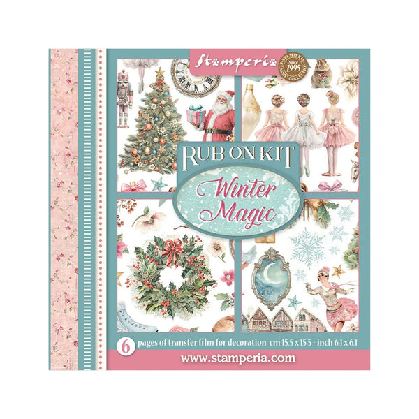 Stamperia 'Rub On Kit: Winter Magic' decorative transfer film kit packaging, featuring a pastel collage of Christmas-themed illustrations including a tree, Santa, ballerinas, wreath, and snowflakes.