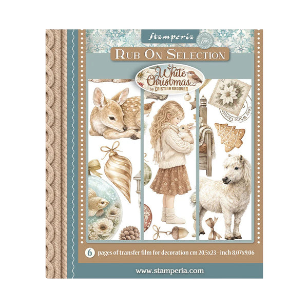 Stamperia Rub On Selection 'A White Christmas' transfer sheet packaging, featuring illustrated woodland and holiday motifs including a deer, a girl in a cream sweater, a white wolf, ornaments, and floral elements on a beige and teal design.
