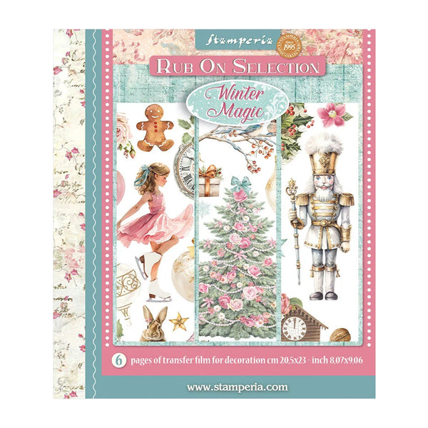 Stamperia 'Rub On Selection' 'Winter Magic' scrapbooking paper pack, featuring a festive collage of Christmas illustrations including a nutcracker, decorated tree, gingerbread man, and bunny on a patterned cover.