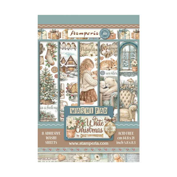 A rectangular stamperia 'White Christmas' washi pad by Esther Ramsey, featuring 8 adhesive washi sheets with vintage holiday illustrations including a Christmas tree, cozy house, child, bear, and floral accents in muted teal, beige, and cream tones.