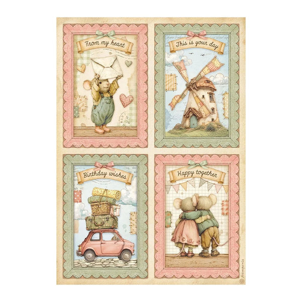 A sheet of four vintage-style illustrated cards featuring teddy bears and whimsical scenes: a bear holding a letter, a windmill, a pink car with luggage, and two teddy bears hugging. Each card has decorative pink and green borders and handwritten text including 'From my heart,' 'This is your day,' 'Birthday wishes,' and 'Happy together.