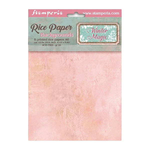 A package of Stamperia Rice Paper Backgrounds in the 'Winter Magic' scent, featuring a single sheet of textured light pink paper on a white background.