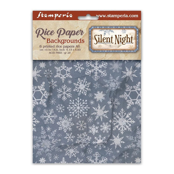 A package of Stamperia 'Silent Night' rice paper backgrounds, featuring a blue-gray and white snowflake patterned paper set in its retail packaging.