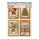 A packaged sheet of four Christmas-themed paper cards from Hushpuppi's 'Nice Paper Selection' set, titled 'Silent Night'. The cards feature vintage illustrations of a Santa Claus, a child with a Christmas tree, a decorated Christmas tree, and a snowy cottage, all with festive holiday greetings.
