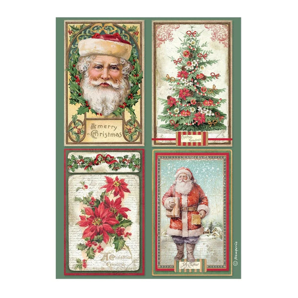 A vintage-style Christmas collage print with four rectangular panels: Santa's portrait, a decorated Christmas tree, red poinsettias with holly, and Santa standing in snow. The artwork uses muted green, cream, red, and gold tones on a white background.
