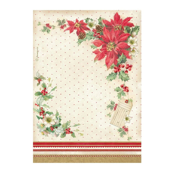 A vintage-style Christmas card or decorative paper with a cream background, red poinsettias, green holly leaves, red berries, pinecones, and a small hanging tag near the lower right. The card has a dotted border and red-and-beige striped bands along the bottom.