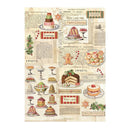 A vintage-style Christmas collage print featuring illustrated cakes, pies, cookies, ornaments, and holiday greetings on an aged cream paper background with printed text blocks.