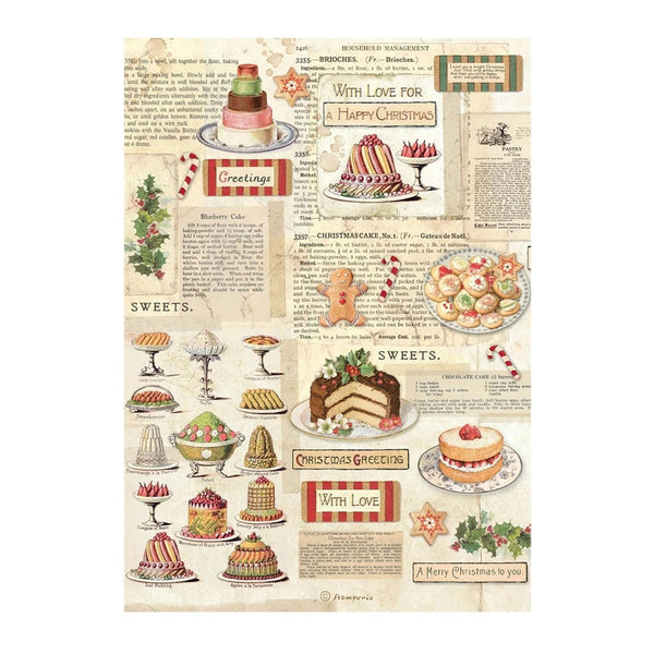 A vintage-style Christmas collage print featuring illustrated cakes, pies, cookies, ornaments, and holiday greetings on an aged cream paper background with printed text blocks.
