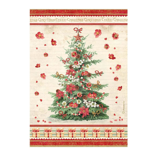 A Christmas-themed decorative print or card featuring a decorated evergreen tree with red and white ornaments, surrounded by scattered red petals, with red patterned borders at the top and bottom containing holiday text and motifs.