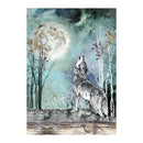 A vertical art print depicting a gray and white wolf howling up at a large full moon in a mystical forest at night. The scene features silhouetted trees, a stone wall, and a textured, painterly background in shades of teal, blue, and white.
