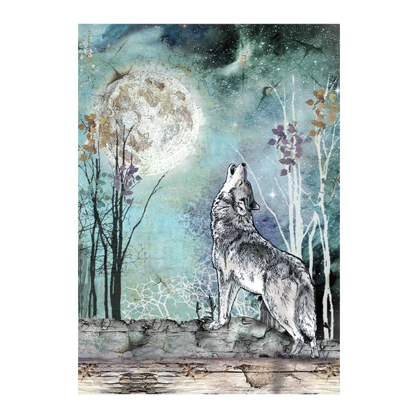 A vertical art print depicting a gray and white wolf howling up at a large full moon in a mystical forest at night. The scene features silhouetted trees, a stone wall, and a textured, painterly background in shades of teal, blue, and white.