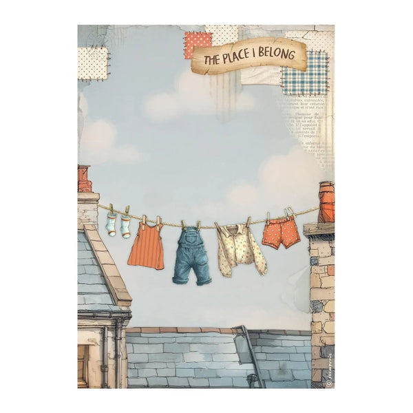 Illustration of children's clothes hanging on a line with text 'The Place I Belong' against a sky background.
