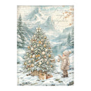 A vintage-style winter landscape print featuring a snow-covered Christmas tree with gold ornaments, a child in a beige winter coat and hat standing beside it, snowy mountains, a frozen lake, and cursive script text reading 'Frosty air, magic everywhere.'.