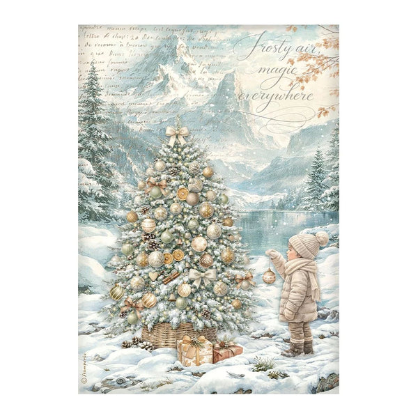 A vintage-style winter landscape print featuring a snow-covered Christmas tree with gold ornaments, a child in a beige winter coat and hat standing beside it, snowy mountains, a frozen lake, and cursive script text reading 'Frosty air, magic everywhere.'.
