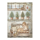 A vintage-style illustrated scene showing a young girl sitting on a wooden bench with a deer, surrounded by cozy knit pillows and a throw blanket. Above her is a decorated window ledge with potted Christmas trees, a birdhouse, a nest, and hanging ornaments.
