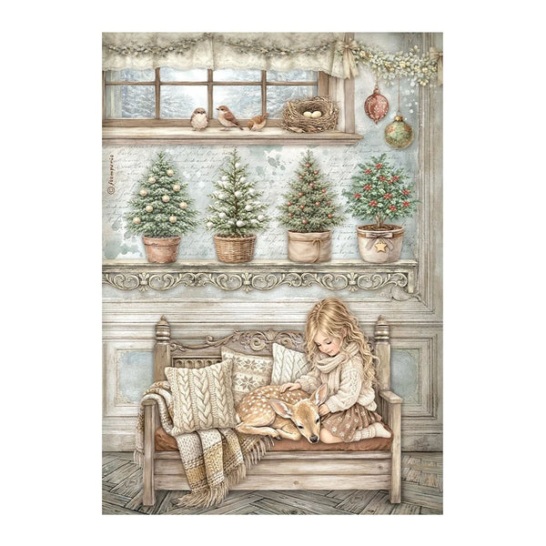 A vintage-style illustrated scene showing a young girl sitting on a wooden bench with a deer, surrounded by cozy knit pillows and a throw blanket. Above her is a decorated window ledge with potted Christmas trees, a birdhouse, a nest, and hanging ornaments.